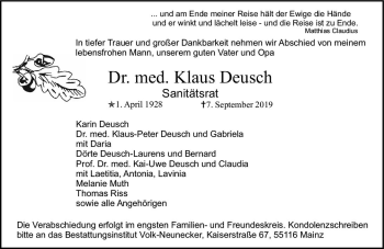 Traueranzeige von Klaus Deusch von vrm-trauer