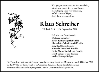 Traueranzeige von Klaus Schreiber von vrm-trauer