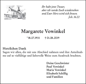 Traueranzeige von Magarete Vowinkel von vrm-trauer