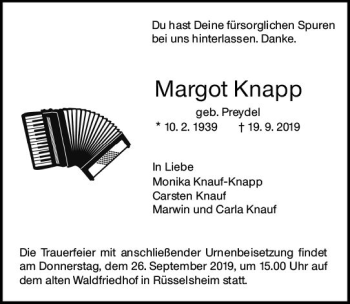 Traueranzeige von Margot Knapp von vrm-trauer
