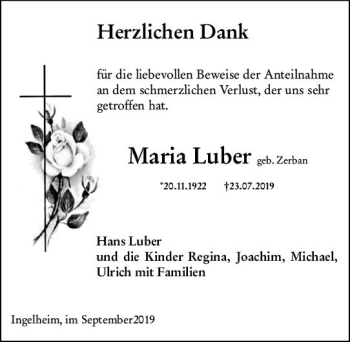 Traueranzeige von Maria Luber von vrm-trauer