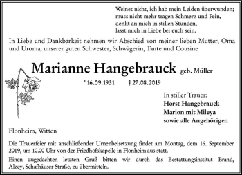 Traueranzeige von Marianne Hangebrauck von vrm-trauer