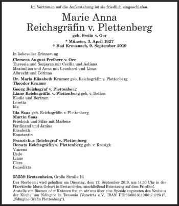Traueranzeige von Marie Anna Reichsgräfin v. Plettenberg von vrm-trauer