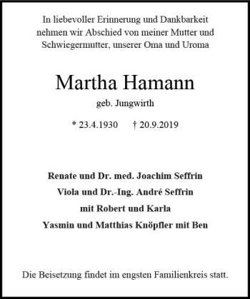 Traueranzeige von Martha Hamann von vrm-trauer
