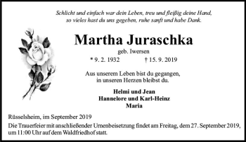 Traueranzeige von Martha Juraschka von vrm-trauer