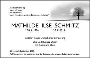 Traueranzeige von Mathilde Ilse Schmitz von vrm-trauer