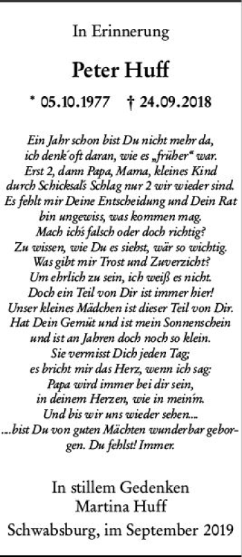 Traueranzeige von Peter Huff von vrm-trauer