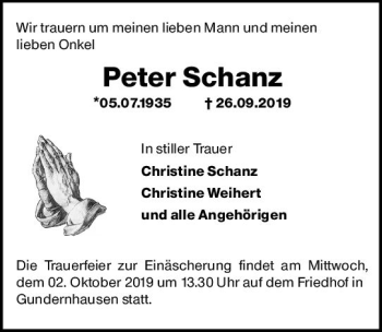 Traueranzeige von Peter Schanz von vrm-trauer