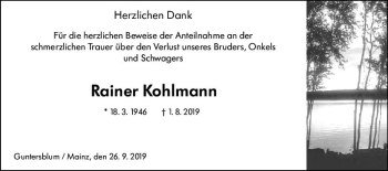 Traueranzeige von Rainer Kohlmann von vrm-trauer