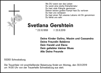 Traueranzeige von Svetlana Gershtein von vrm-trauer