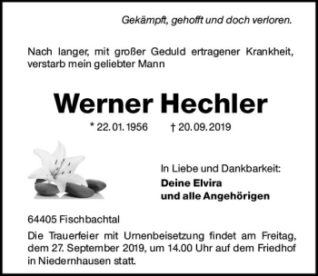 Traueranzeige von Werner Hechler von vrm-trauer