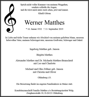 Traueranzeige von Werner Matthes von vrm-trauer
