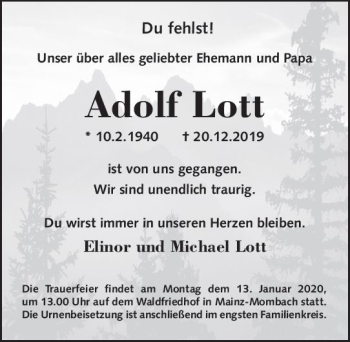 Traueranzeige von Adolf Lott von vrm-trauer
