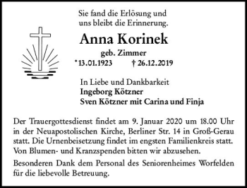 Traueranzeige von Anna Korinek von vrm-trauer