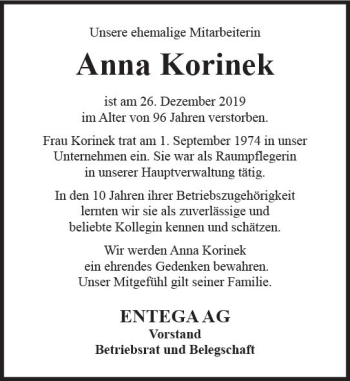 Traueranzeige von Anna Korinek von vrm-trauer