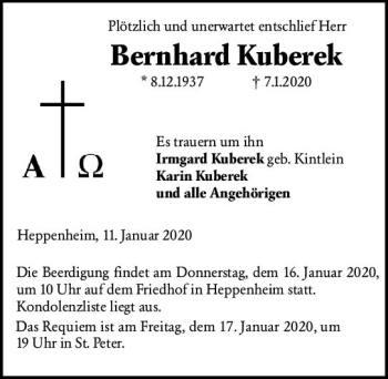 Traueranzeige von Bernhard Kuberek von vrm-trauer