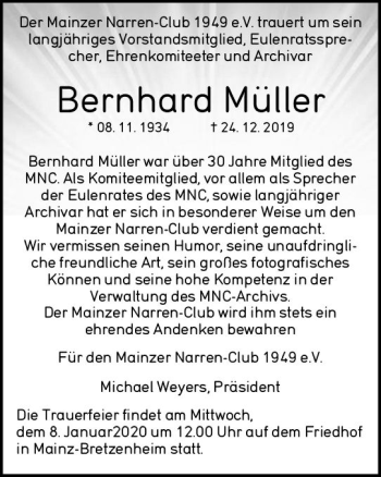 Traueranzeige von Bernhard  Müller von vrm-trauer
