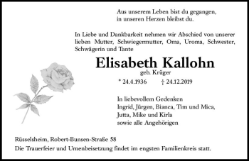 Traueranzeige von Elisabeth Kallohn von vrm-trauer