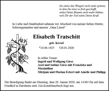 Traueranzeige von Elisabeth Tratschitt von vrm-trauer