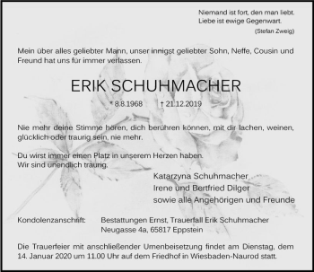 Traueranzeige von Erik Schuhmacher von vrm-trauer