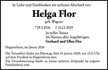 Traueranzeige von Helga Flor von vrm-trauer