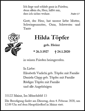 Traueranzeige von Hilda Töpfer von vrm-trauer