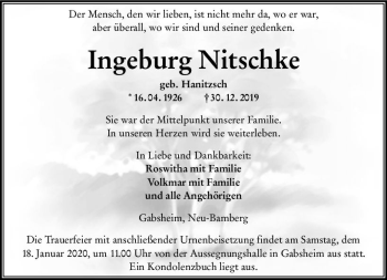 Traueranzeige von Ingeburg Nitschke von vrm-trauer