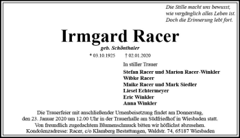 Traueranzeige von Irmgard Racer von vrm-trauer