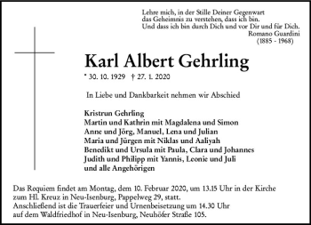 Traueranzeige von Karl Albert Gehrling von vrm-trauer
