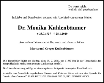 Traueranzeige von Monika Kuhlenbäumer von vrm-trauer