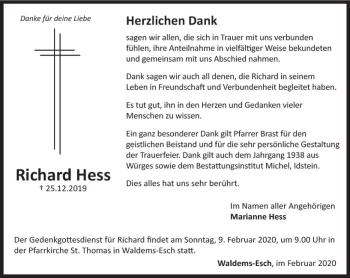 Traueranzeige von Richard Hess von vrm-trauer