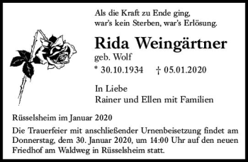 Traueranzeige von Rida Weingärtner von vrm-trauer