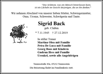 Traueranzeige von Sigrid Back von vrm-trauer