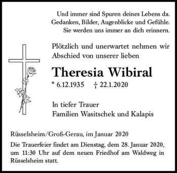 Traueranzeige von Theresia Wibiral von vrm-trauer