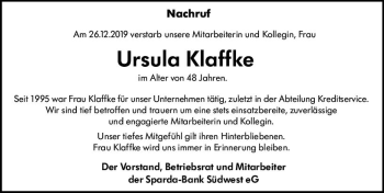 Traueranzeige von Ursula Klaffke von vrm-trauer