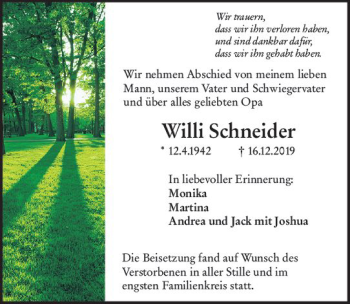 Traueranzeige von Willi Schneider von vrm-trauer