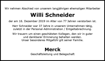 Traueranzeige von Willi Schneider von vrm-trauer