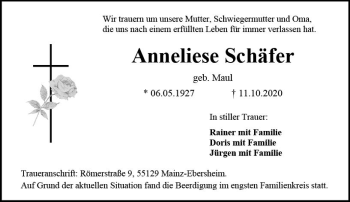 Traueranzeige von Anneliese Schäfer von vrm-trauer