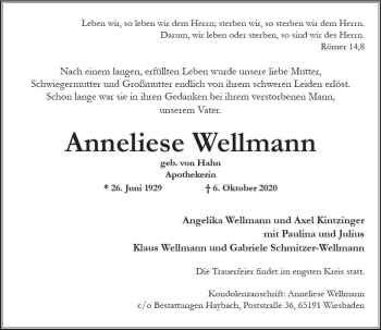 Traueranzeige von Anneliese Wellmann von vrm-trauer