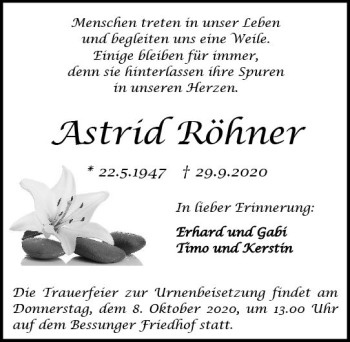 Traueranzeige von Astrid Röhner von vrm-trauer