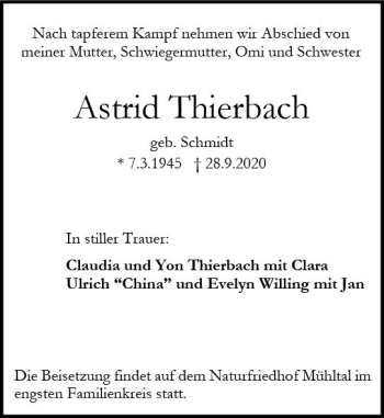 Traueranzeige von Astrid Thierbach von vrm-trauer