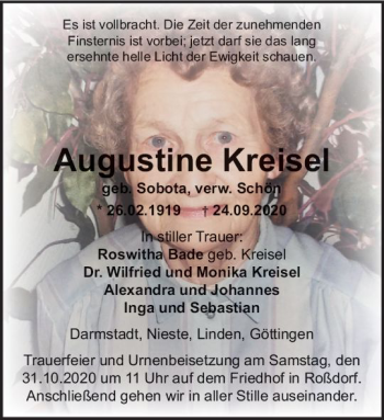 Traueranzeige von Augustine Kreisel von vrm-trauer
