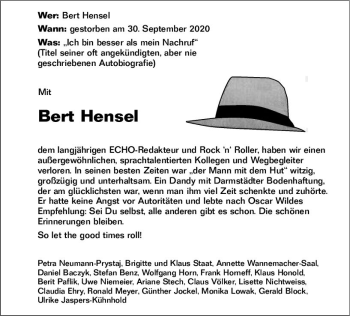 Traueranzeige von Bert Hensel von vrm-trauer