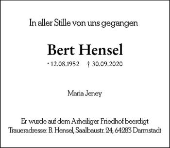 Traueranzeige von Bert Hensel von vrm-trauer