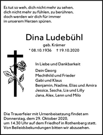 Traueranzeige von Dina Ludebühl von vrm-trauer
