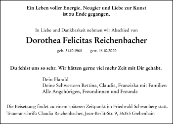 Traueranzeige von Dorothea Felicitas Reichenbacher von vrm-trauer