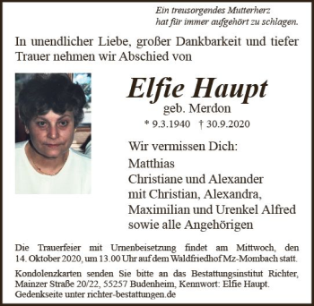 Traueranzeige von Elfie Haupt von vrm-trauer