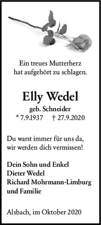 Traueranzeige von Elly Wedel von vrm-trauer
