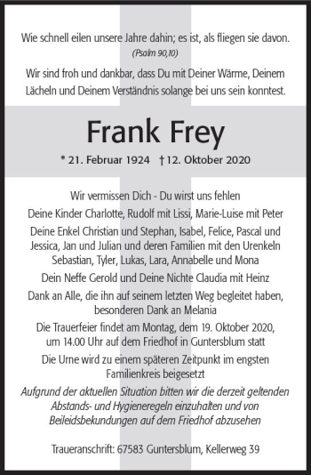 Traueranzeige von Frank Frey von vrm-trauer