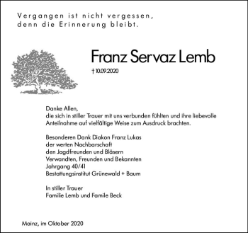 Traueranzeige von Franz Servaz Lemb von vrm-trauer